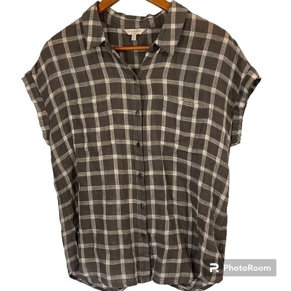 Lucky Brand Brown Plaid Button Down Boyfriend Top Blouse With Tie Back Size M - Picture 5 of 14